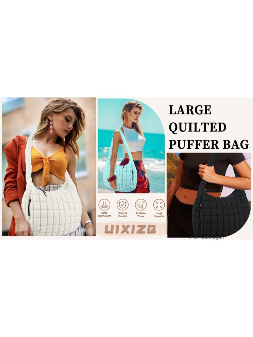 Quilted Puffer Tote Bag Nylon Crossbody Shoulder Hobo Bag Lightweight Large - Picture 6 of 6